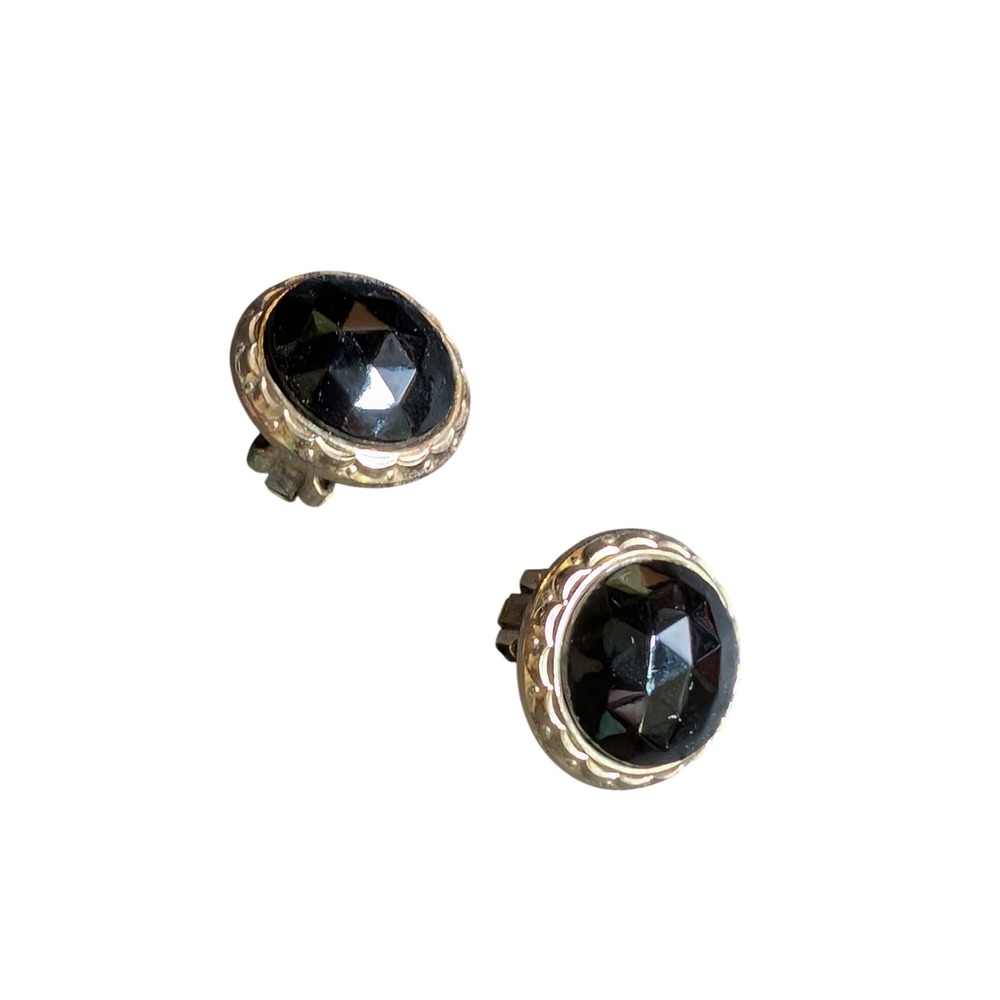 Bergere Vintage Gold Tone Faceted Black Glass Round Clip On Earrings